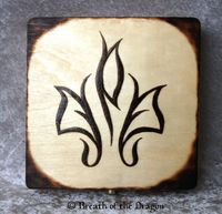 shallow square box featuring flame rose design, pyrography by Sunfire